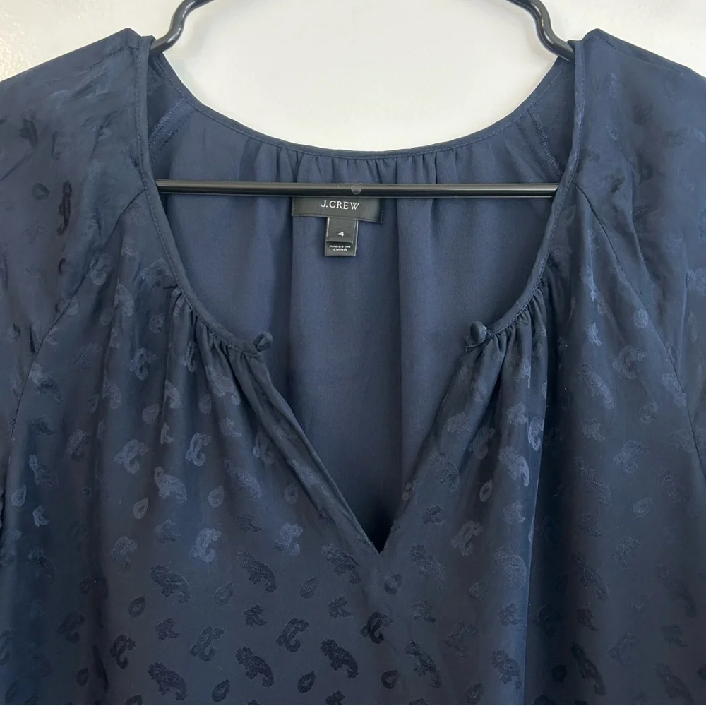 J. Crew 100% Silk  Tonal Paisley Dark Navy Blue Shift Mini Dress Size 4